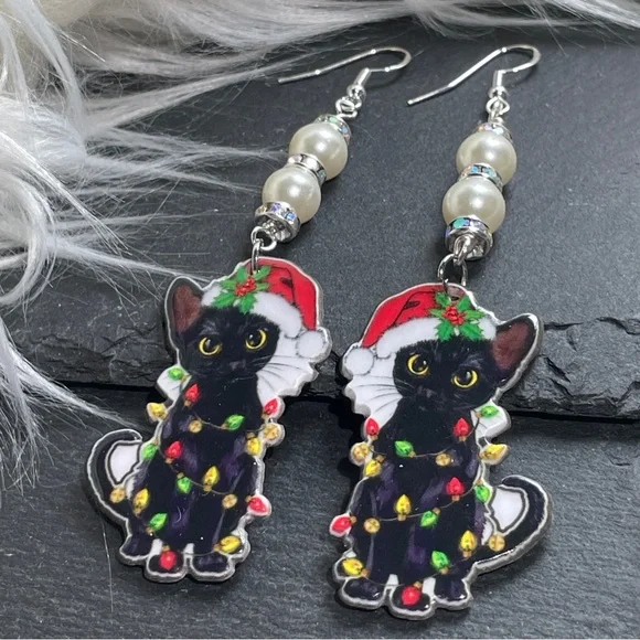 SOLD Holiday Festive Black Cat Christmas And Santa Clause Hat Earrings - Picture 2 of 8